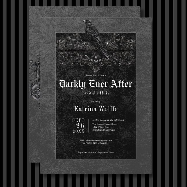 Convites Chá de panela Preto Gótico Raven e Rosas Preto (Gothic Black Raven & Roses Black Bridal Shower Invitation)