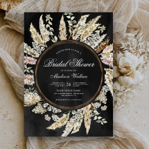 Convites Chá de panela Preto Pampas Grass Boho Wreath