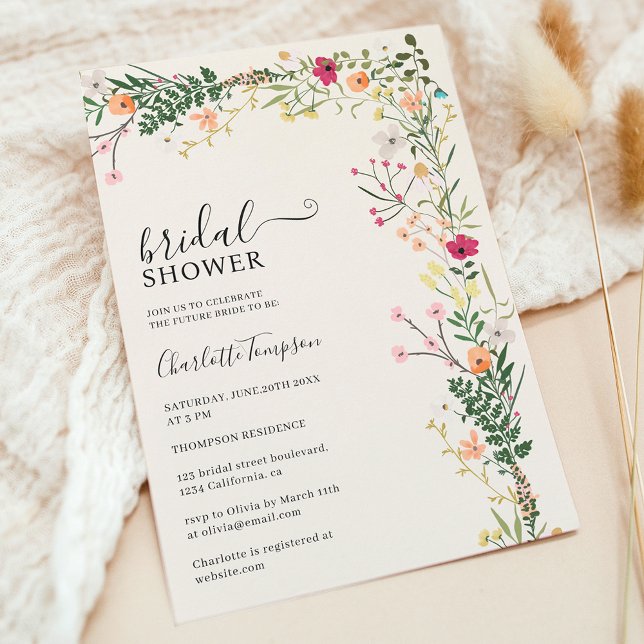 Convites Chá de panela primavera de flores silvestres do ca (Bohemian meadow wild flowers spring bridal shower invitation)
