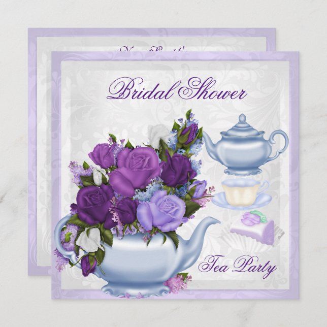 Convites Chá de panela Purple Blue Floral Tea Party (Frente/Verso)