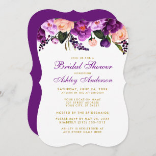 Convites Chá de panela Purple Dourado Floral Invite BP