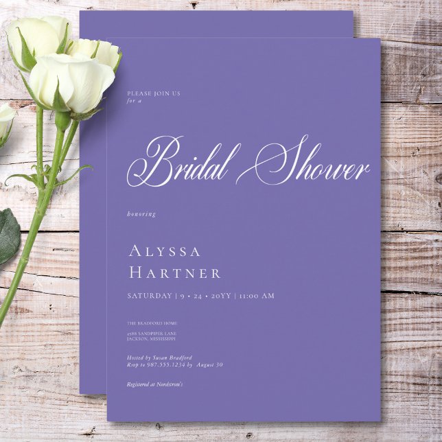 Convites Chá de panela Púrpura e branco clássico mínimo (Minimal Classic Purple & White Bridal Shower Invitation)