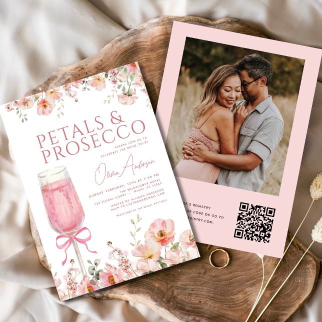 Convites Chá de panela QR Code Petals & Prosecco Photo (Criador carregado)