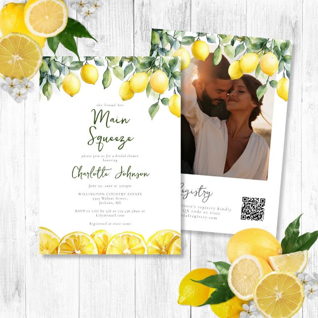 Convites Chá de panela QR de Foto de Aquarela Principal (Main Squeeze Watercolor Photo QR Bridal Shower Invitation)