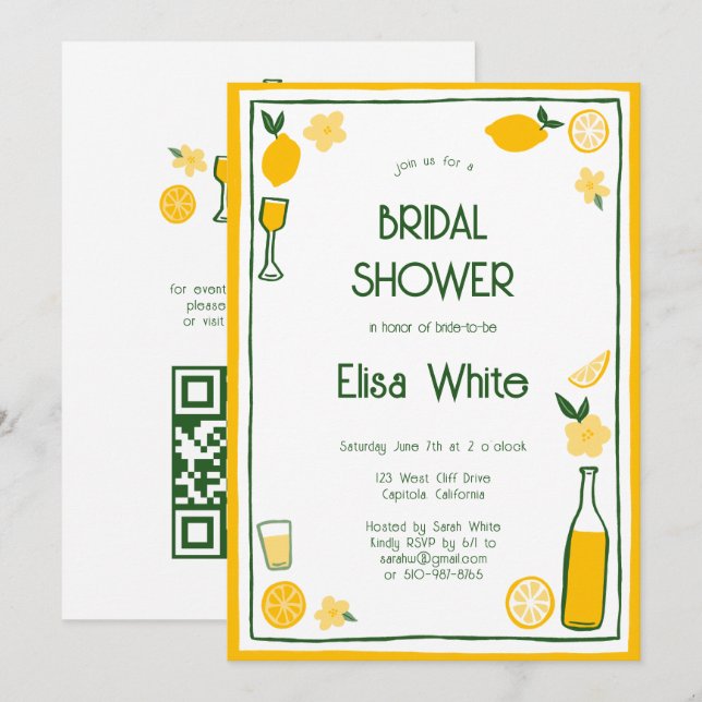 Convites Chá de panela QR PERSONALIZADO de Limoncello Lemon (Frente/Verso)