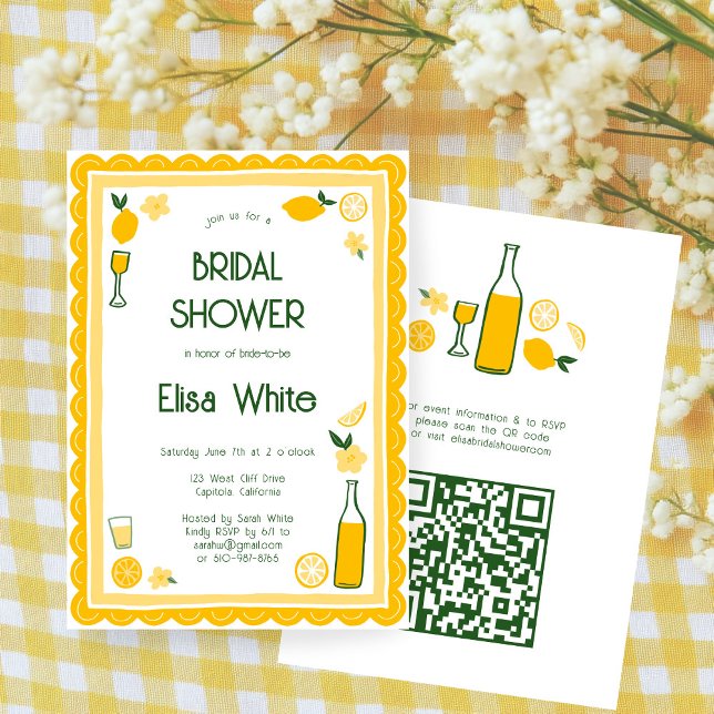 Convites Chá de panela QR PERSONALIZADO de Limoncello Lemon (Limoncello Lemonade Lemons CUSTOM QR Code Cute Bridal Shower Invitation
)