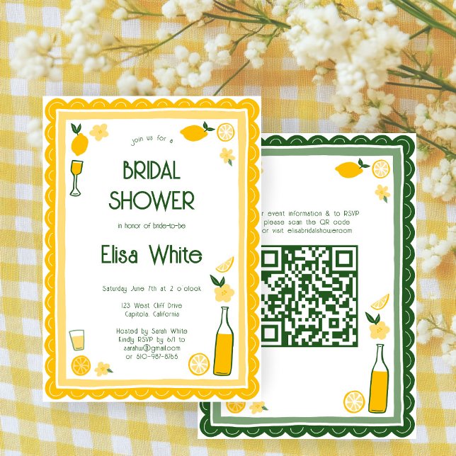 Convites Chá de panela QR PERSONALIZADO de Limoncello Lemon (Limoncello Lemonade Lemons CUSTOM QR Code Cute Bridal Shower Invitation
)