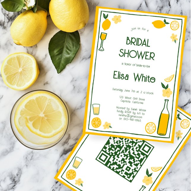 Convites Chá de panela QR PERSONALIZADO de Limoncello Lemon (Limoncello Lemonade Lemons CUSTOM QR Code Cute Bridal Shower Invitation
)
