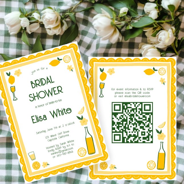 Convites Chá de panela QR PERSONALIZADO de Limoncello Lemon (Limoncello Lemonade lemons CUSTOM QR Code Cute Bridal Shower Invitation
)
