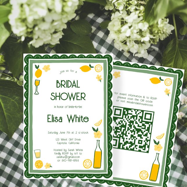 Convites Chá de panela QR PERSONALIZADO de Limoncello Lemon (Limoncello Lemonade Lemons CUSTOM QR Code Cute Bridal Shower Invitation
)