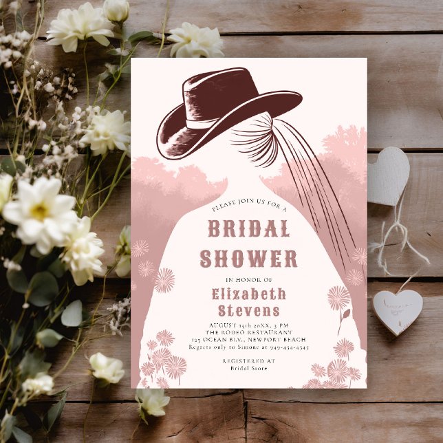 Convites Chá de panela Quadrado Russo de Flores Selvagens R (western bridal shower invitation prairie wildflowers cowgirl cowboy hat dusty pink modern elegant)