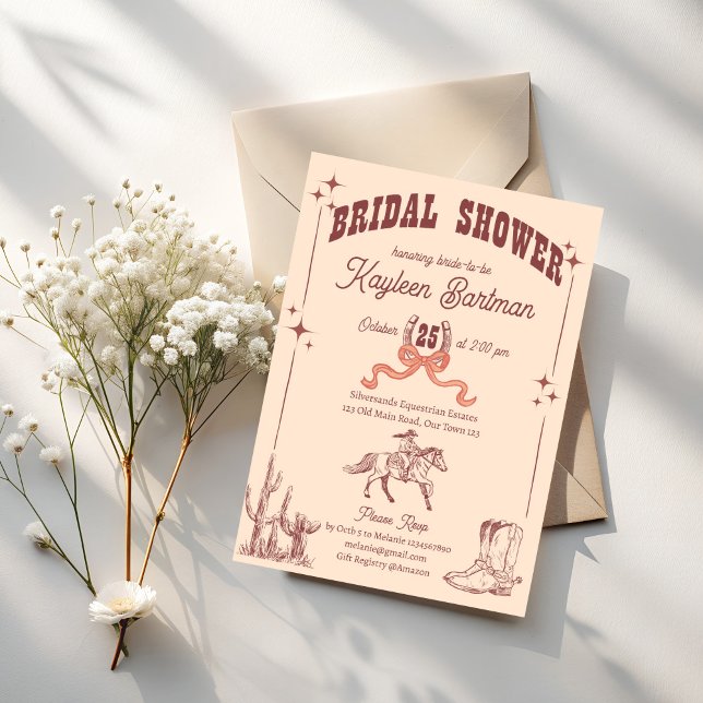 Convites Chá de panela retrô ocidental da Cowgirl (Cowgirl western retro bridal shower invitation template brown boots horse shoe bow horse vintage)