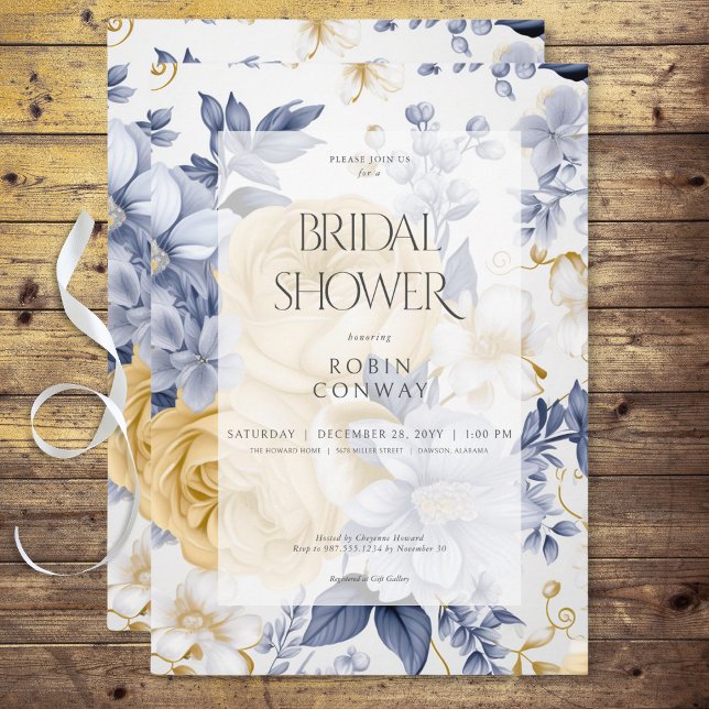 Convites Chá de panela Romântico Amarelo Azul e Branco Flor (Romantic Yellow Blue & White Floral Bridal Shower Invitation)