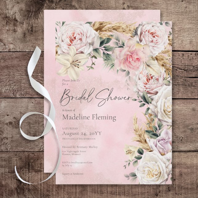 Convites Chá de panela Romântico Boho Rosa Rosas e Pampas (Romantic Boho Pink Roses & Pampas Bridal Shower Invitation)