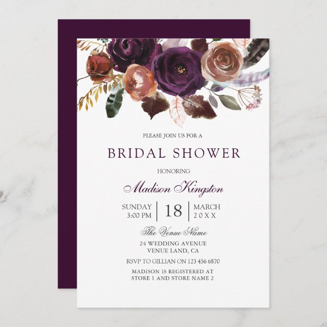 Convites Chá de panela Romântico Burgundy Roxo Plum Floral (Frente/Verso)