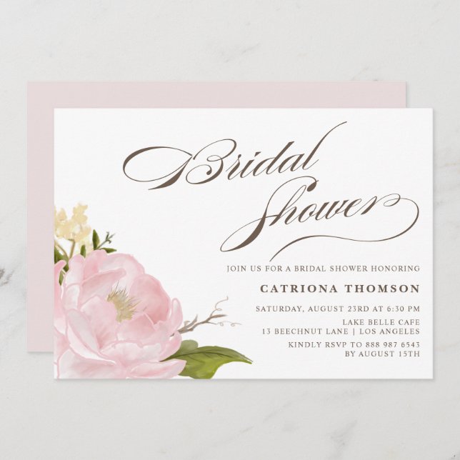 Convites Chá de panela Romântico da Flor de Peônias (Frente/Verso)