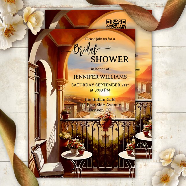 Convites Chá de panela Romântico de Arte Italiano (Bridal shower invitation featuring a painting of an Italian balcony with a view of a sunset - QR)