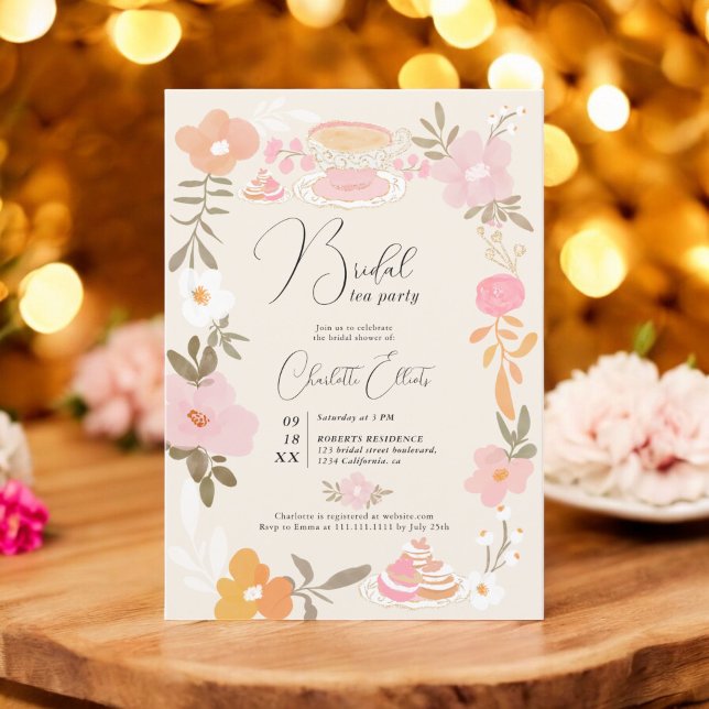 Convites Chá de panela romântico de festas de chá floral Bo (Romantic Pretty floral tea party bridal shower Invitation)