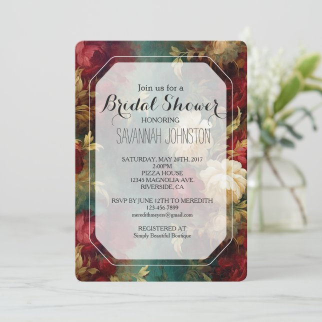 Convites Chá de panela Romântico de Flores Brancas Vermelha (Em pé/Frente)