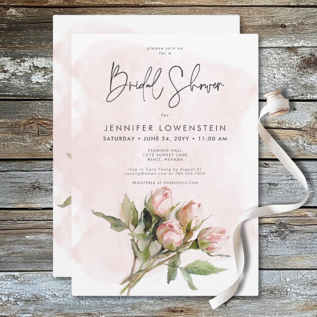 Convites Chá de panela Romântico de Rosas Rosa de Aquarela (Romantic Watercolor Pink Roses Bridal Shower Invitation)