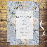 Convites Chá de panela Romântico Floral Azul e Branco<br><div class="desc">Este design apresenta um belo padrão floral rústico,  azul e branco,  de periwinkle,  em um fundo empoeirado de azul-piscadela. O texto é exibido em uma área de texto transparente e branca suave. As costas continuam o padrão floral. Romântico e elegante. Criado pela imprensa simplesmente de farmácia.</div>