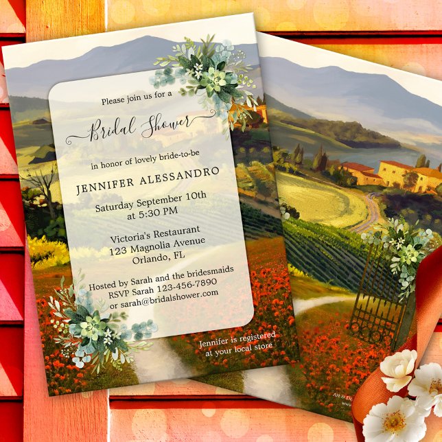 Convites Chá de panela Romântico italiano (Original bridal shower invitation featuring a fine art painting of an Italian landscape scene)