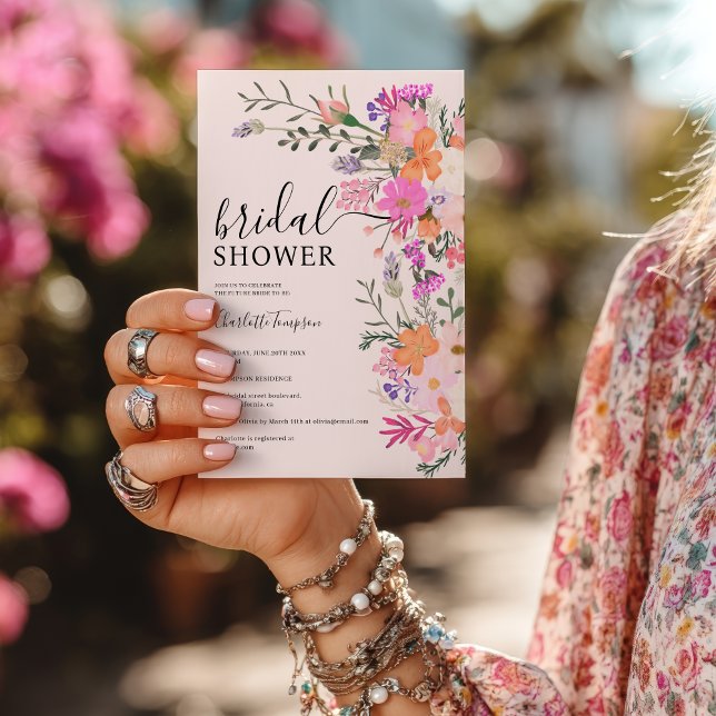 Convites Chá de panela romeno de flores silvestres rosa-do- (Romantic boho pink wildflower garden bridal shower invitation)