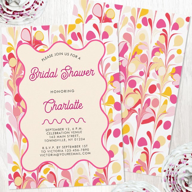 Convites Chá de panela Rosa Abstrato Moderno (Modern abstract groovy abstract wavy personalized bridal shower invitation)