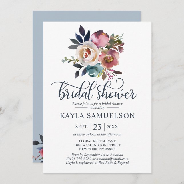 Convites Chá de panela Rosa Azul com Dusty Floral (Frente/Verso)