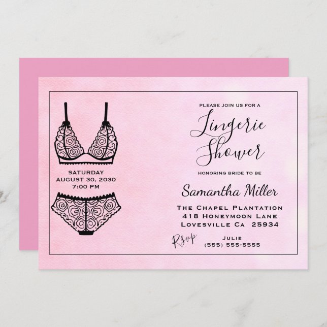 Convites Chá de panela rosa Chá lingerie (Frente/Verso)