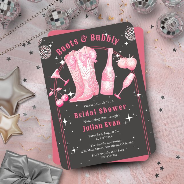 Convites Chá de panela Rosa Chic Boots & Bubble Cowgirl (Chic Boots & Bubbly Cowgirl Pink Bridal Shower Invitation)