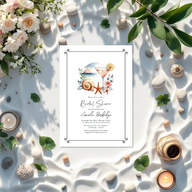 Convites Chá de panela Rosa Cinza Chave Costeira (Coastal Chic Blush Pink Bridal Shower Invitation)