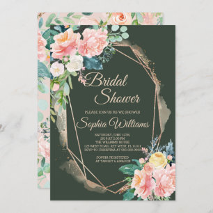 Convites Chá de panela rosa-claro, verde escuro e Dourado