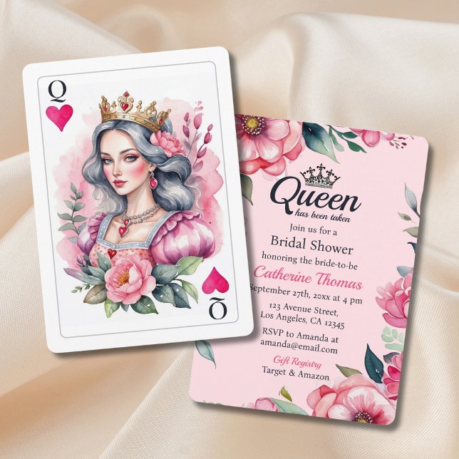 Convites Chá de panela Rosa Da Rainha Dos Corações (Flat lay queen of hearts bridal shower vintage las vegas playing card blush pink Invitation)