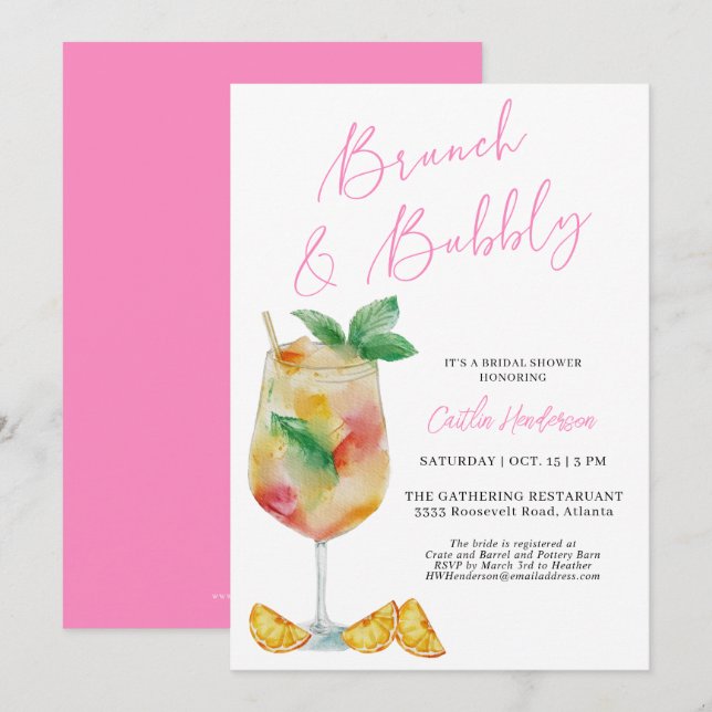 Convites Chá de panela rosa de Brunch e Champanhe de Borrac (Frente/Verso)