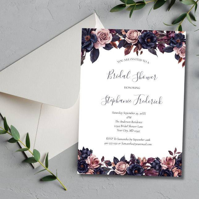 Convites Chá de panela Rosa de cor verde roxo profundo (Deep Floral Dusty Rose Moody Watercolor Florals Bridal Shower Invitation)