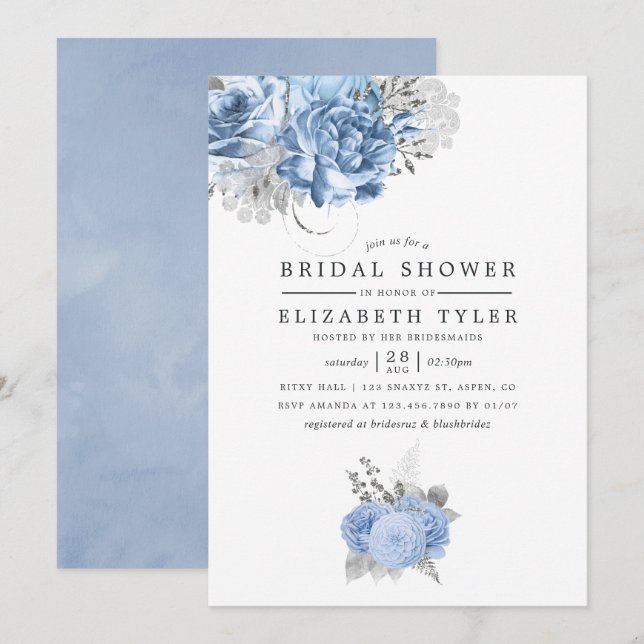 Convites Chá de panela Rosa de folha azul e Dourada (Frente/Verso)