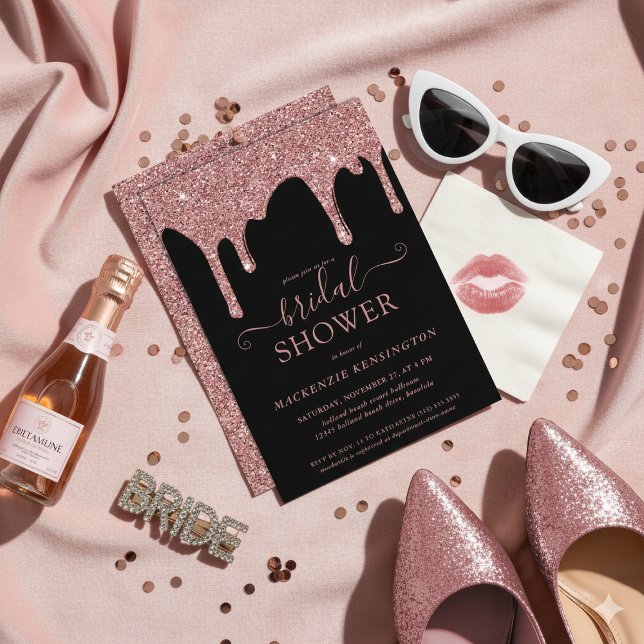 Convites Chá de panela Rosa de Lixo Dourado com Largura de  (Luxury Black Rose Gold Glitter Drips Bridal Shower Invitation)