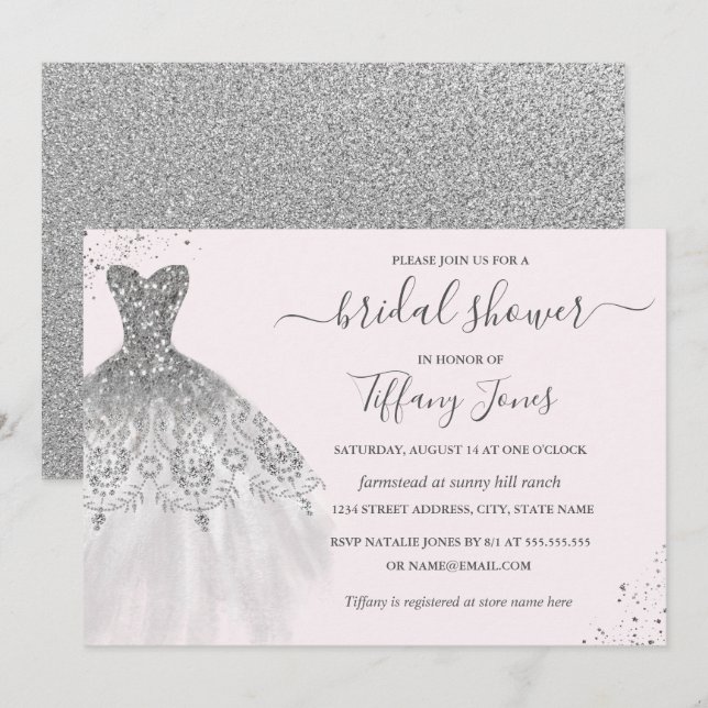 Convites Chá de panela Rosa De Vestido De Silver Glitter (Frente/Verso)