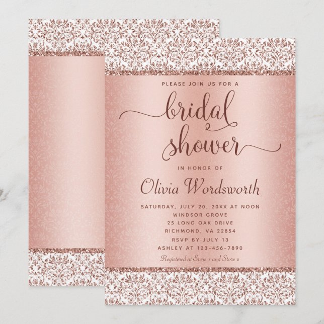 Convites Chá de panela rosa Dourada Glitter Damask (Frente/Verso)
