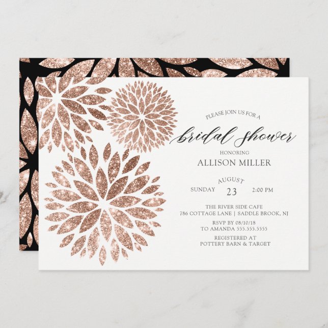 Convites Chá de panela Rosa Dourado Dahlias Shimmering (Frente/Verso)