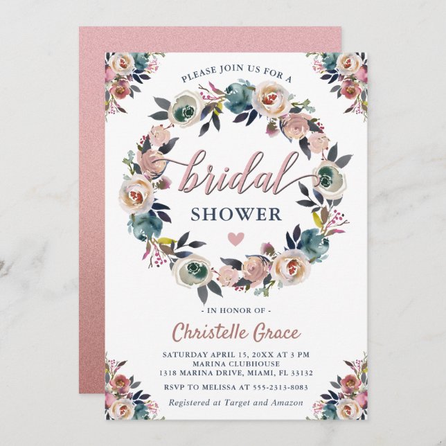 Convites Chá de panela Rosa Floral Cor-de-Rosa marinho (Frente/Verso)