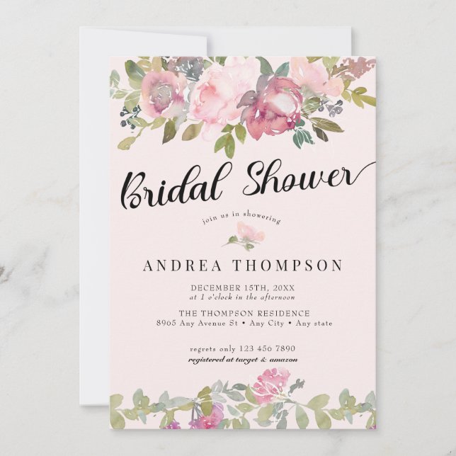 Convites Chá de panela Rosa Floral de Aquarela (Frente)