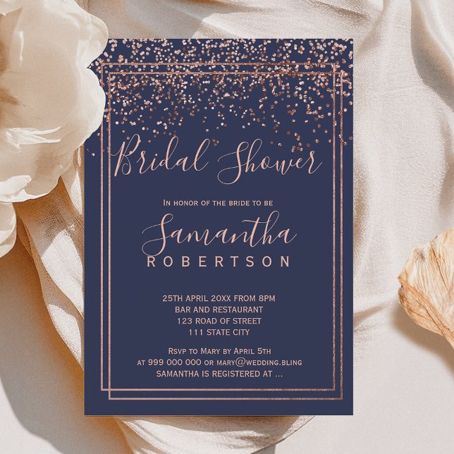 Convites chá de panela rosa gold confetti marinho Blue Bord (Rose gold confetti navy blue border bridal shower invitation)