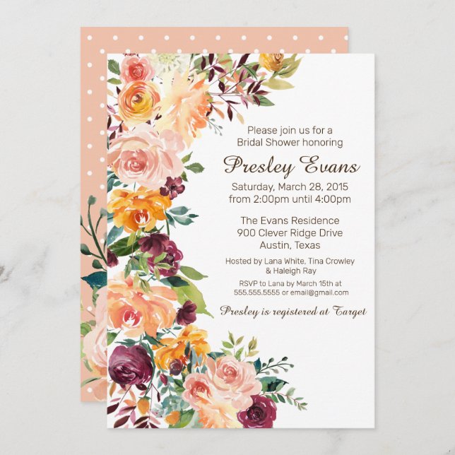 Convites Chá de panela Rosa Laranja de Pêssego Floral de Aq (Frente/Verso)