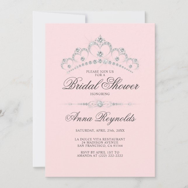 Convites Chá de panela Rosa Moderno Diamond Tiara (Frente)
