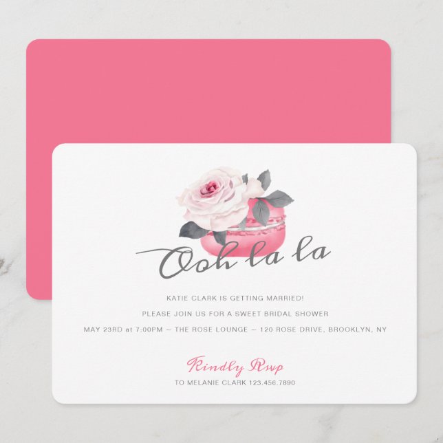 Convites Chá de panela Rosa Rosa Cor-de-Água Rosa Macarão (Frente/Verso)