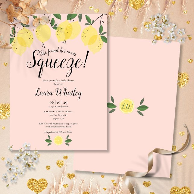 Convites Chá de panela rosa-rosado-limão-aperto principal (Main Squeeze Lemon Blush Pink Bridal Shower Invitation)