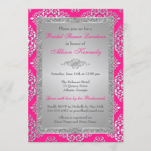 Convites Chá de panela Rosa, Silver Glitter Damask Convida