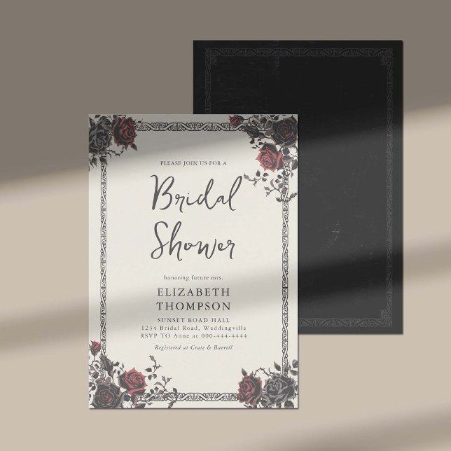 Convites Chá de panela Rosa Vermelho Gótico Escuro Preto (dark and moody bridal shower ideas gothic frame vintage roses black red elegant classy stylish)